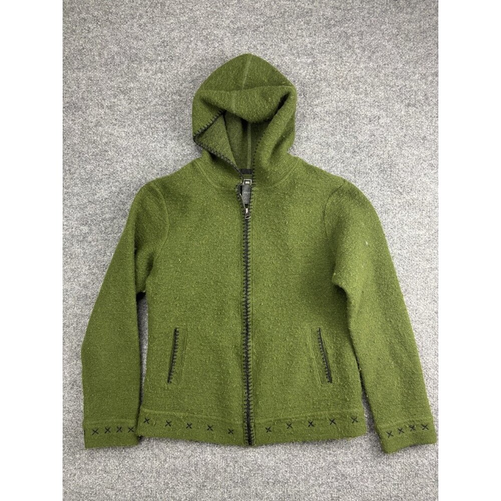 REI Sweater Womens Small Green Hooded Full‎ Zip Italian Fabric Knit Pockets